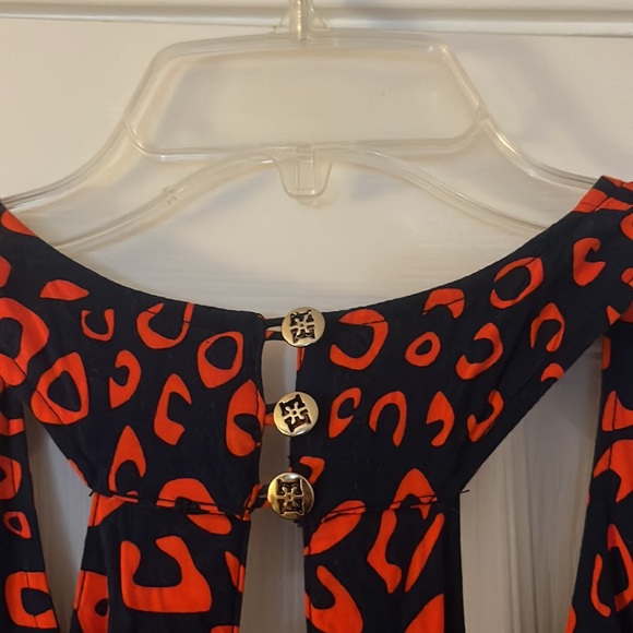 Red and blue sundress with gold buttons on neck - Picture 2 of 4